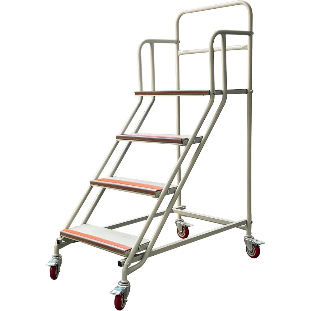 4 Steps Ladder with Wheels, Industrial & Warehouse Step Ladder, Rolling Steps Ladder with Vinyl Stair Edge Protector