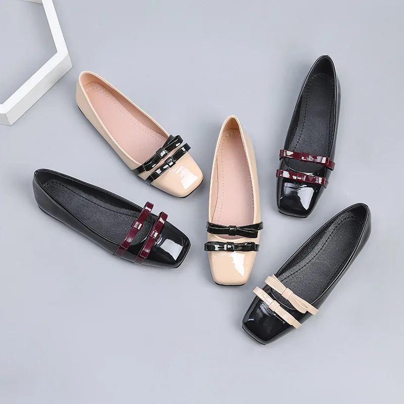 

Женские повседневные туфли-балетки 2026 года с квадратным носком, из разноцветной ткани с бантом из лакированной кожи, комфортные