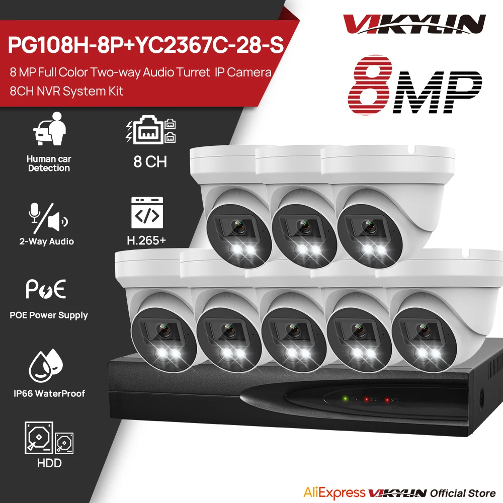 

Vikylin 8PCS Full-Color Night Vision Turret IP Camera Set 8MP Two-way Audio MD2.0 outdoor Video Surveillance CCTV system NVR