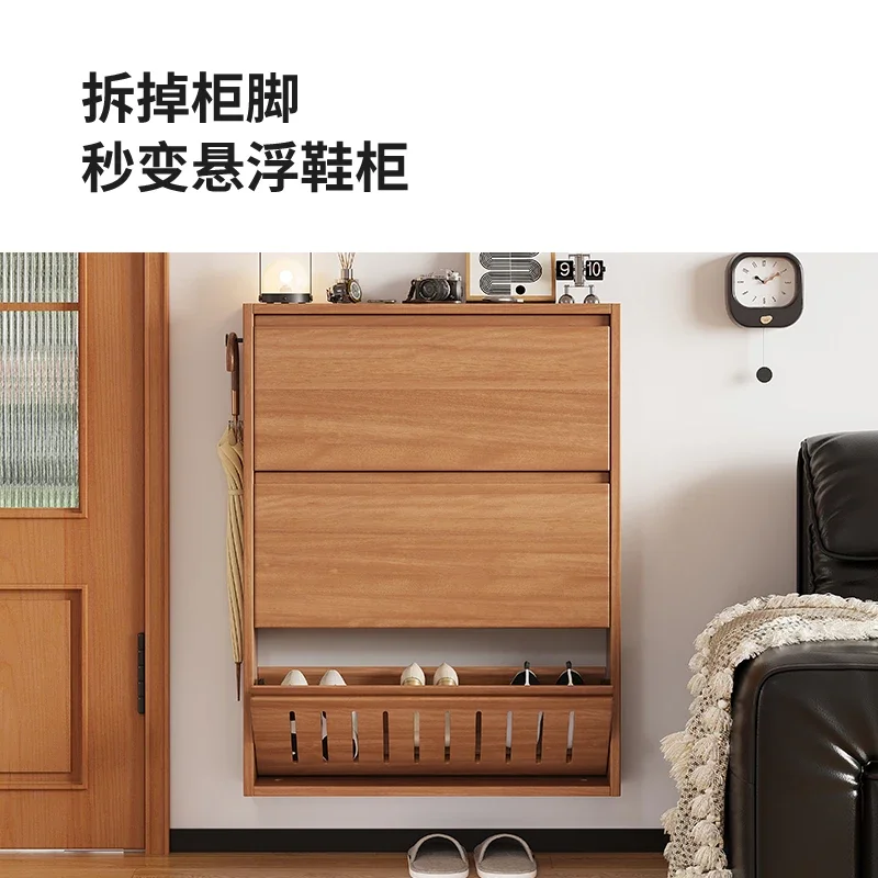 Solid wood shoe cabinet, extremely narrow and ultra-thin Nordic Japanese-style household small apartment chest log style