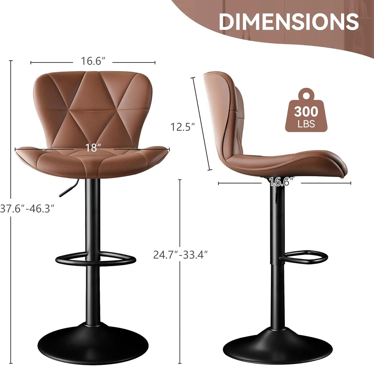 Bar Stools Set of 2,Adjustable Swivel Barstools, Faux Leather Bar Chairs,Upholstered Counter Height with High Backrest