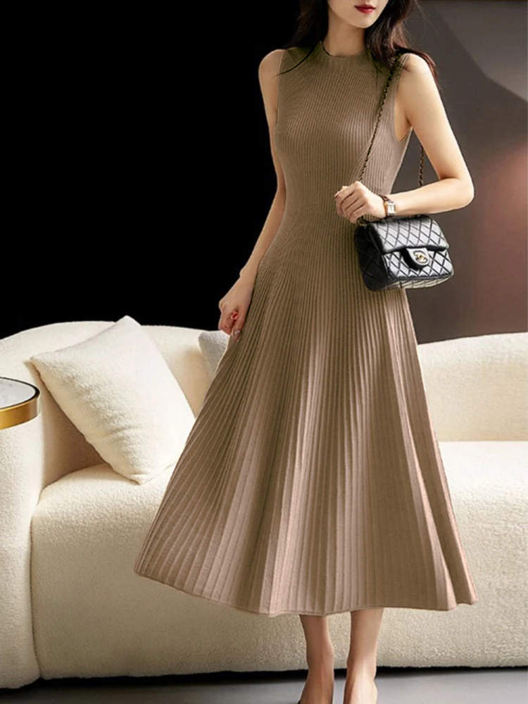 Spring Summer Women 100% Merino Wool Vest Dress Thin Sweater Pullover A-Line Dress Grace Pleated Skirt Sleeveless Cashmere Knit - Image 3