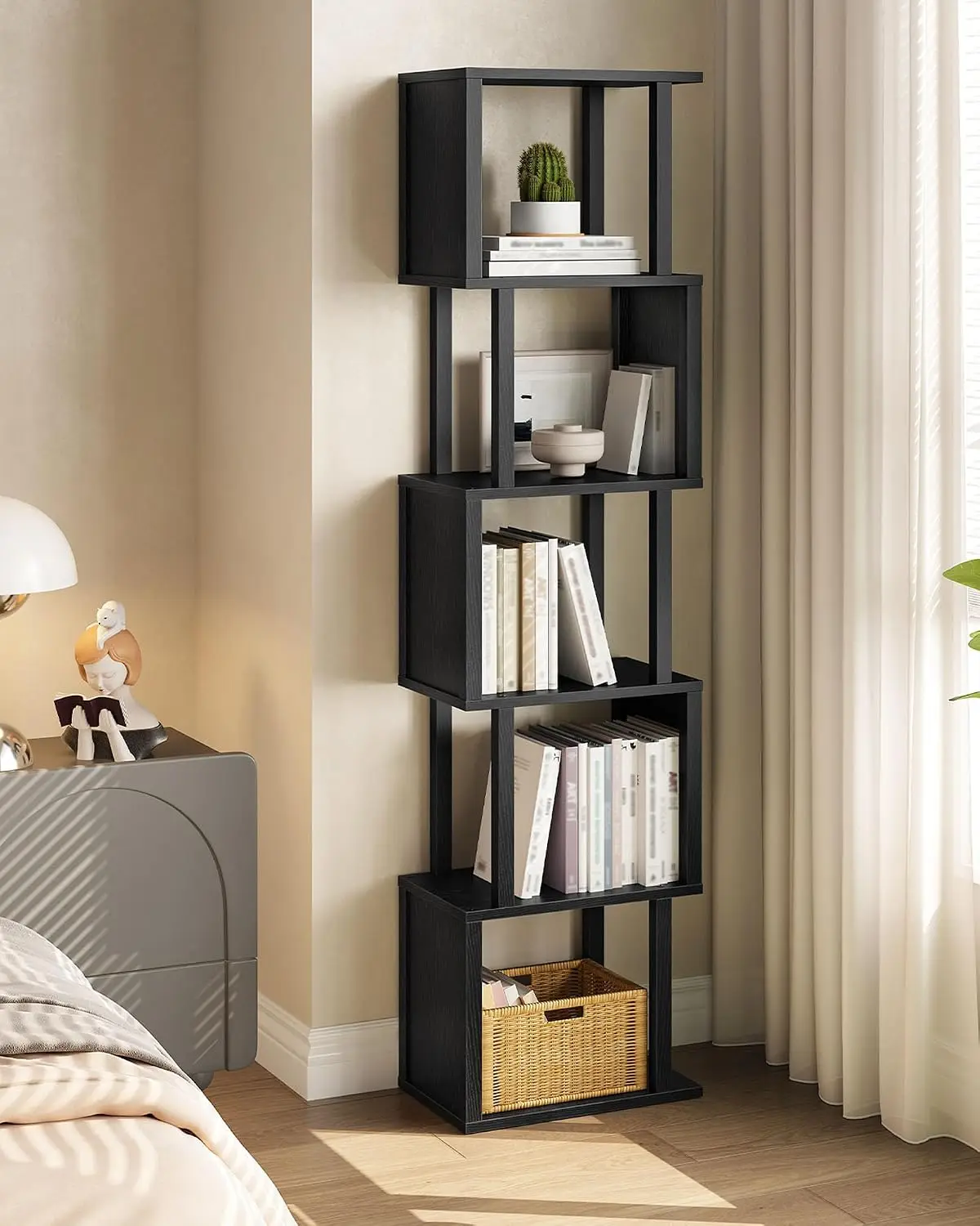 CHOEZON S-Shaped 5-Tier Bookshelf, 58.1-Inch Tall Bookcase with Anti-Tip Kit, Open Display Shelf for Living Room, Office, Bedroom Storage, Black MSJ01BB