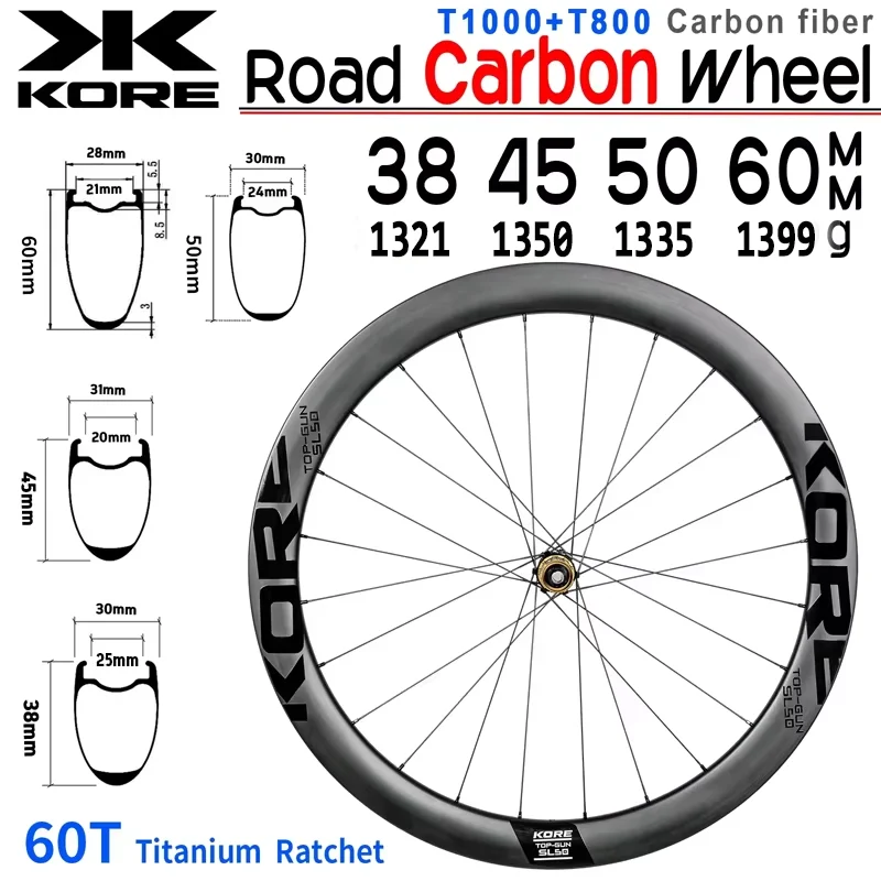 Image of KORE TOP‑GUN Carbon-Laufradsatz 60T Ratchet Hub HG/XDR Freehub Tubeless Ready Center Lock Scheibenbremse 700C Rennrad-Laufräder