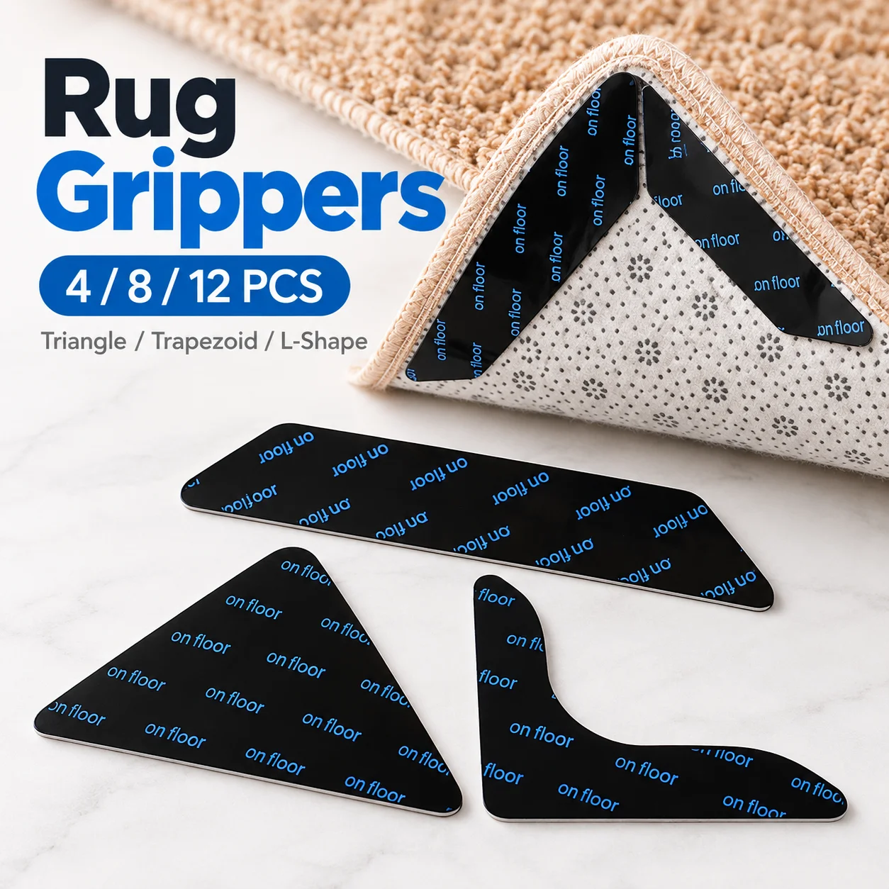 4/8/12PCS Rug Grippers Non Slip Carpet Corner Stickers Anti Curling Rug Tape for Hardwood Tile Floors Triangle L Shape Trapezoid