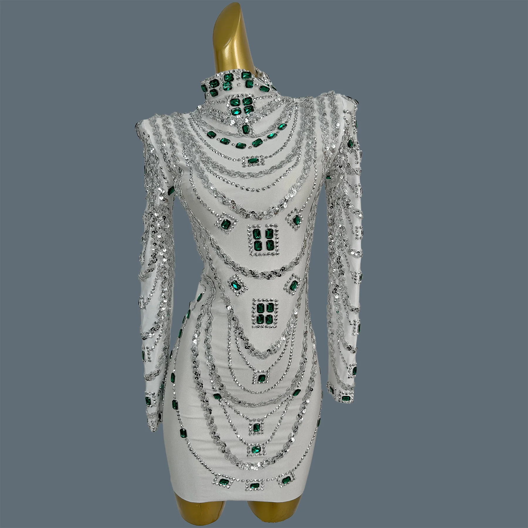 

Green Rhinestone White Bodycon Dress Women Long Sleeve Elastic Sparkly Cocktail Dress Party Stage Performance Outfit Wear Bixi