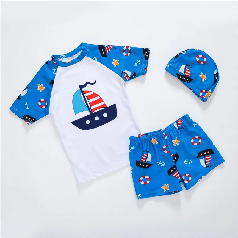 Happyflute New  Children's Swimwear Boys' Swimsuit Short Sleeve Split Design Boys' Big Size Quick Drying Swimsuit