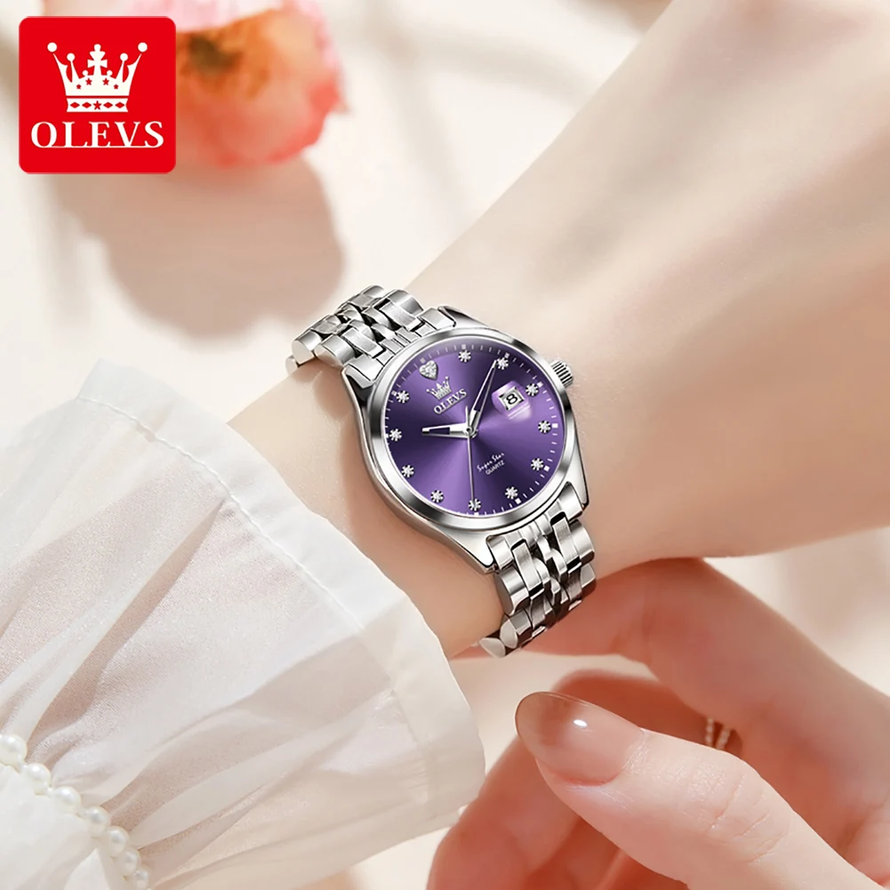 OLEVS ساعات نسائية أنيقة موضة الفولاذ المقاوم للصدأ العلامة التجارية الأعلى الأصلي كوارتز ساعة اليد لسيدة مقاوم للماء تاريخ كبير 5649 جديد
