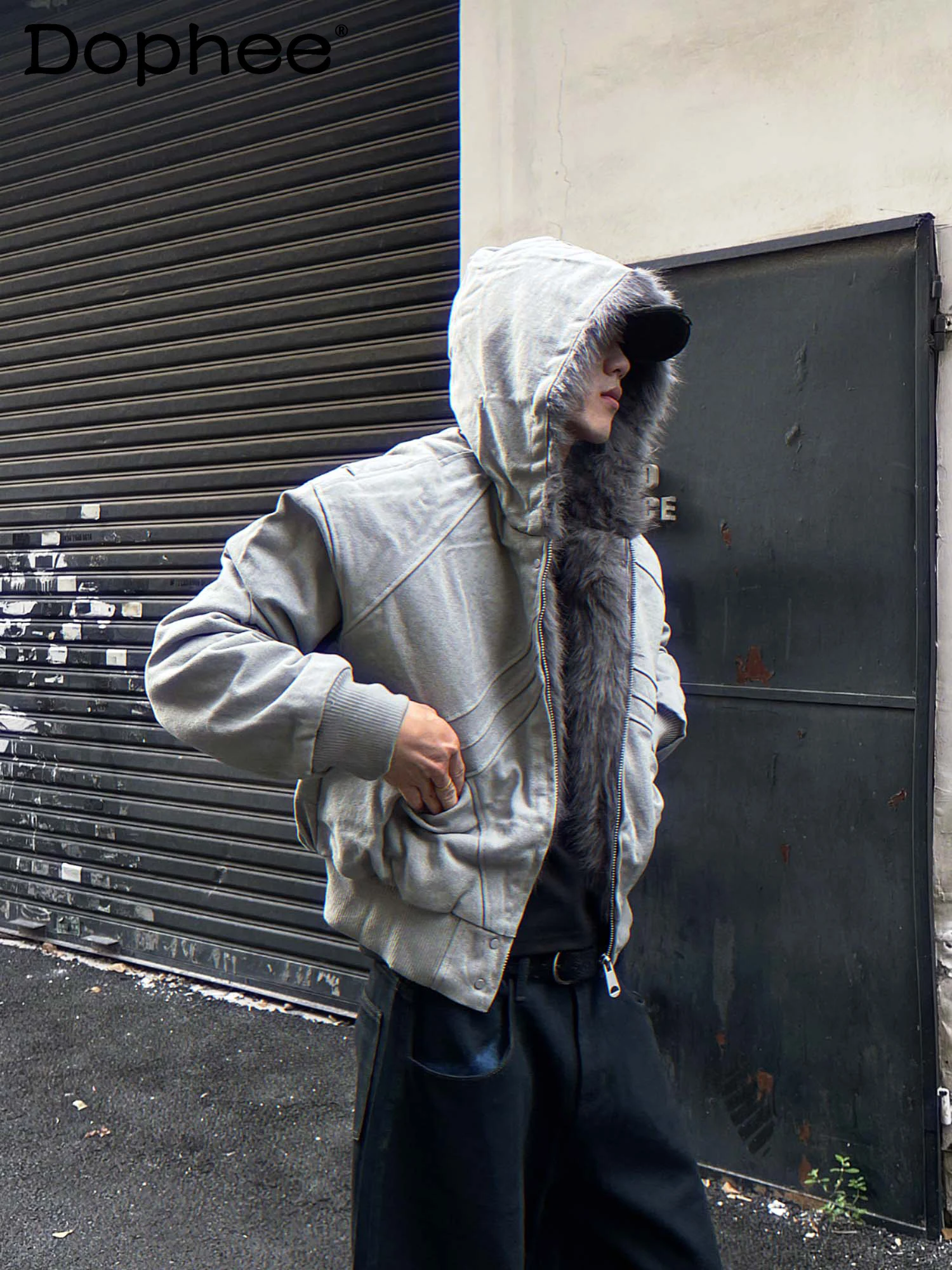 

2025 Winter New American Fashion Trendy Fur Collar Short Cotton Jacket Retro Hooded Zipper Padded Coat for Men