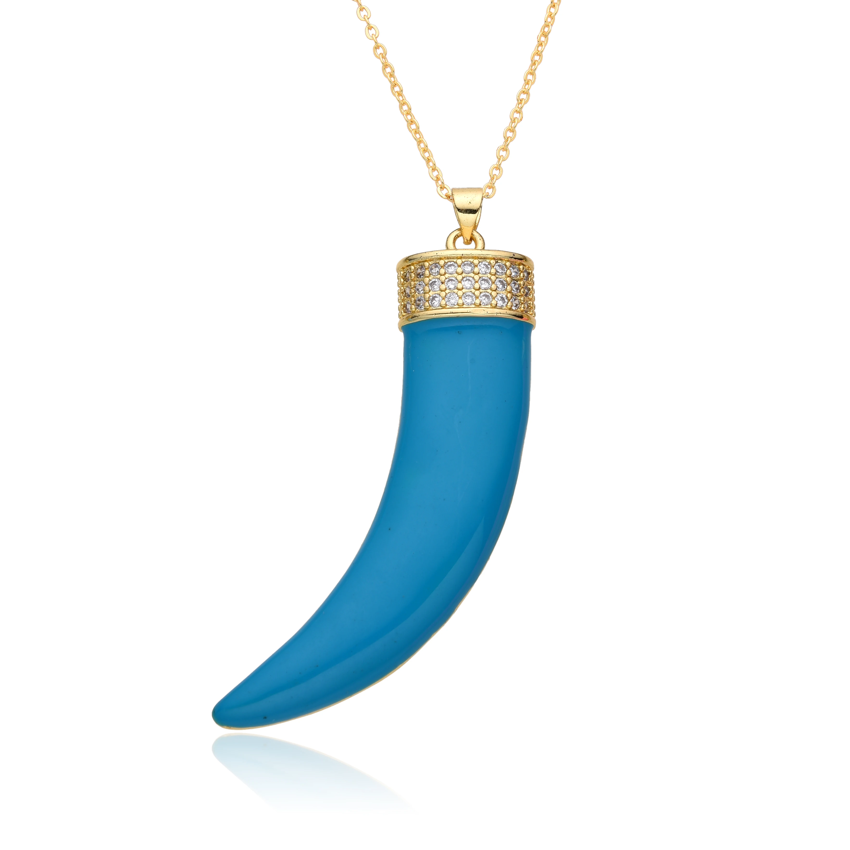Colorful Lucky Ivory Horn Necklace for Women Men Cubic Zirconia Gold Color Charms Moon Clavicle Chain Pendant Jewelry Accessory
