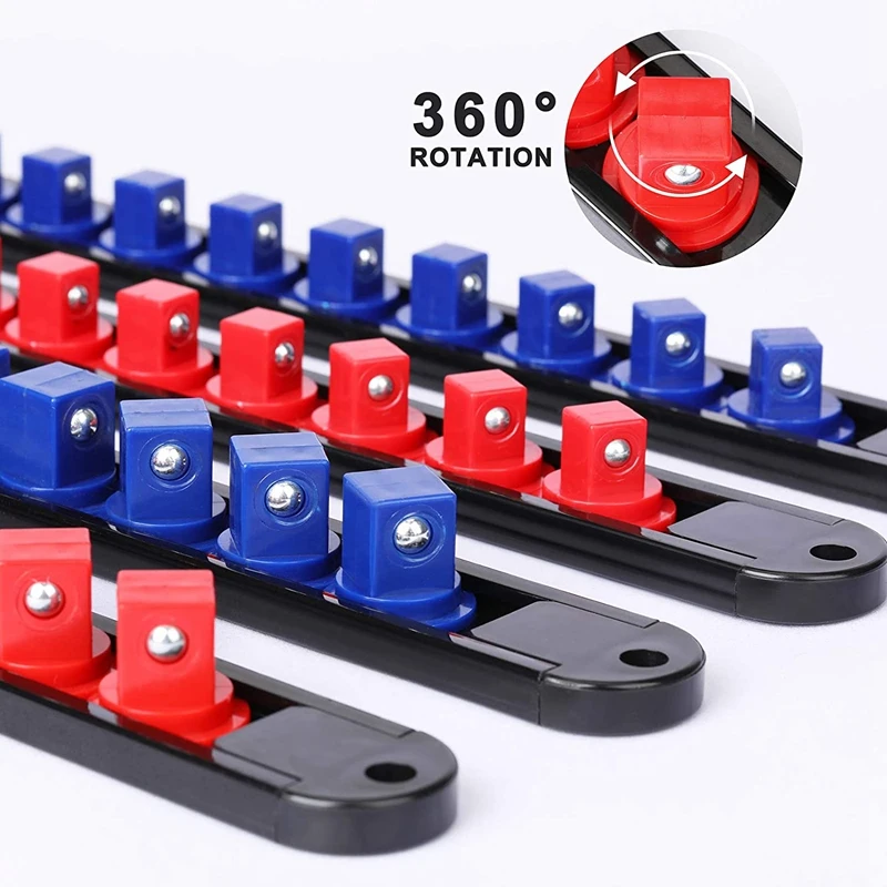 6PC 360° Swivel ABS Socket Organizer, 1/4-Inch, 3/8-Inch, 1/2-Inch, Premium Quality Socket Holders (Blue & Red)