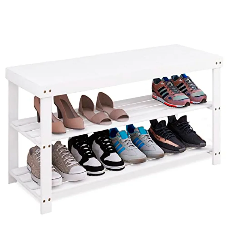 

Bamboo Shoe Rack Bench, 3-Tier Shoe Organizer Storage Shelf for Entryway Hallway Bathroom Living Room