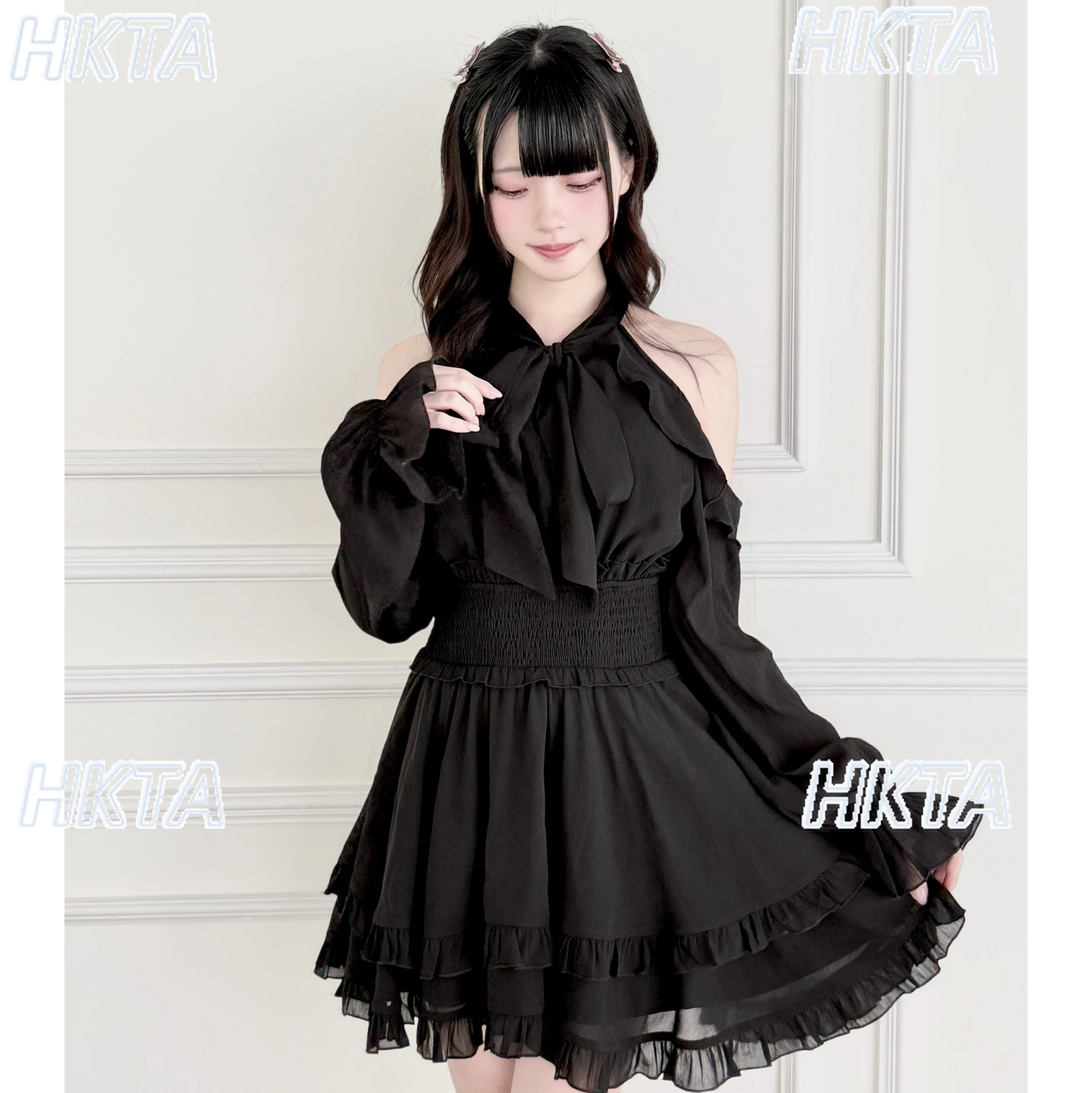 اليابانية نوع الإنتاج الضخم الحلو أنيقة قبالة الكتف فستان أسود المرأة الخريف جديد ركاب الخصر فساتين الشيفون السيدات