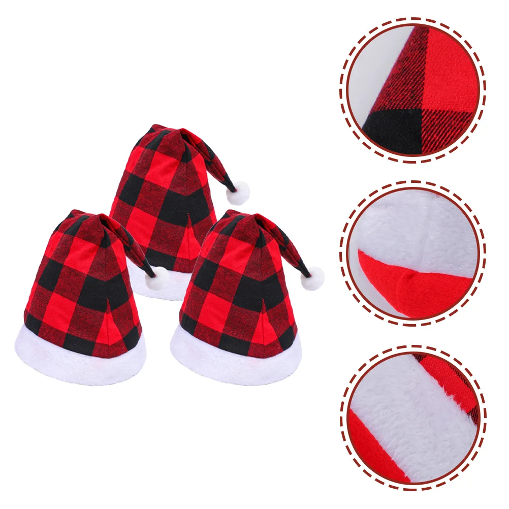 

3Pcs Xmas Check Santa Hat Classic Christmas Hat Warm Santa Caps Christmas Party Costume Supplies Unisex Comfort Xmas Caps