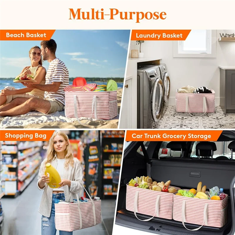 

ABYN-Grocery Bags Reusable Grocery Bags Withmetal Wire Frame Andhandles Standing Utility Foldable Shopping Bags Pink