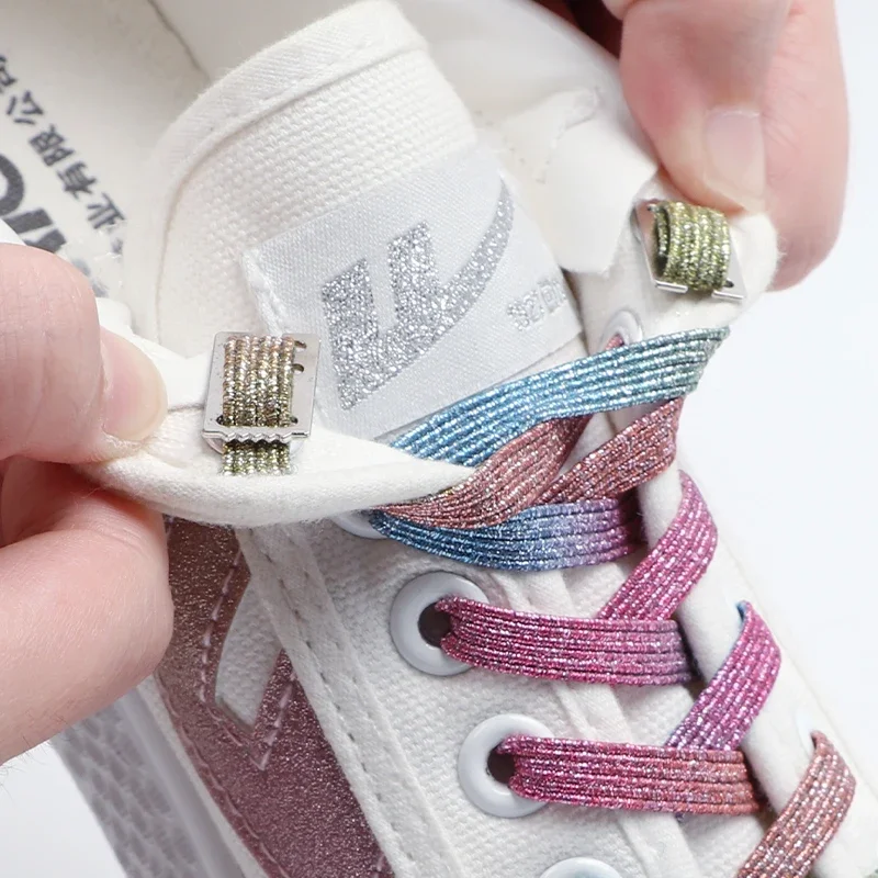 1Pair Gradient Glitter Flat Shoelaces Shiny Metallic Sparkling Shoe Laces for Sneakers Casual Board Shoes Decorative Shoestrings