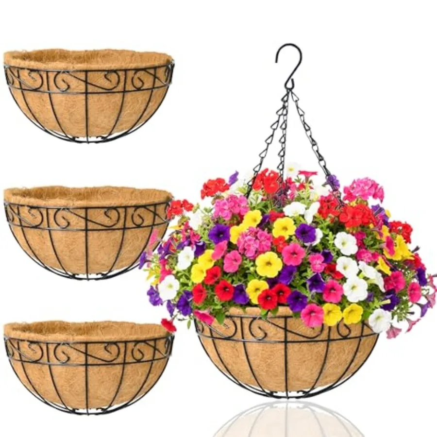 

Подвесные кашпо для уличных растений, 4 шт., 14 дюймов, металлические подвесные корзины с вкладышами из кокосового волокна, проволочные держатели для растений, корзины для полива.