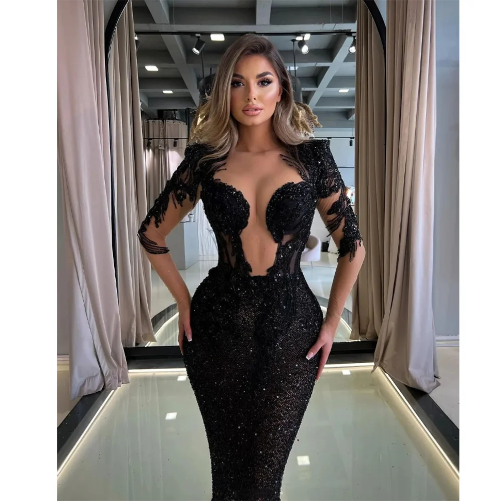 Black Sexy Sequined Prom Dress for Women Fashion Sweetheart Appliques Beading Floor Length Mermaid Party Gowns Evening Dress