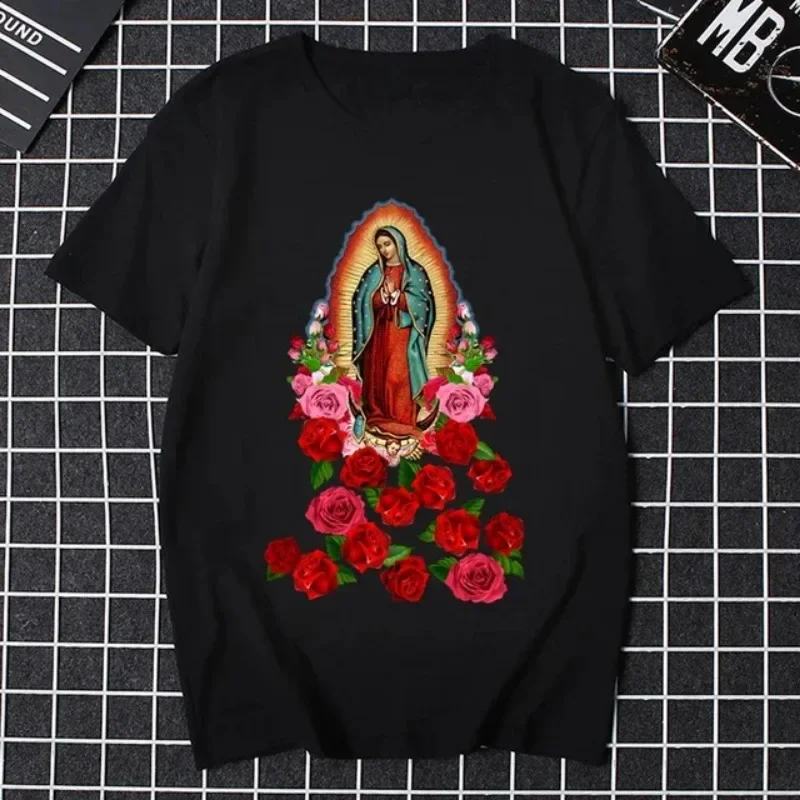 Virgen Morena Guadalupe Virgin Mary Flower Flowers Rose Pray Quality T Shirts Men Printing Short Sleeve O Neck Hot Sale