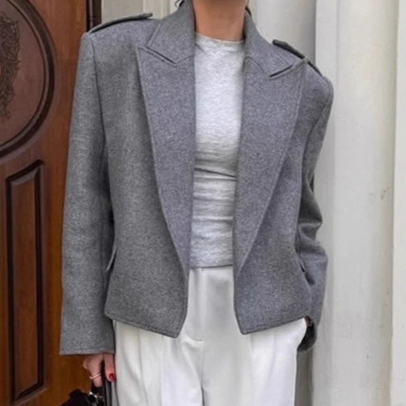 Commuter Workplace Gray Blazer Women's 2025 Fall Design Tweed Shoulder Pad Suit Top Women's Clothing