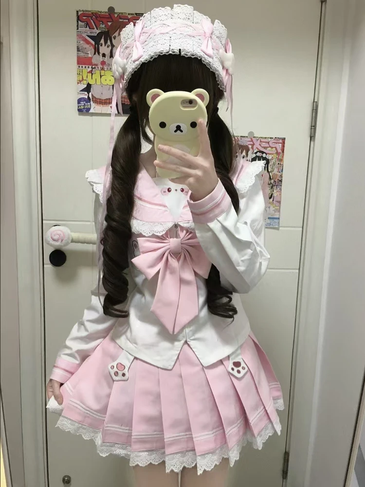 Kawaii Lovable Slim Bow с длинным рукавом, комплект из 2 предметов, женский дизайн, милые модные футболки с темно-синим воротником + кружевной торт, короткая юбка, костюм