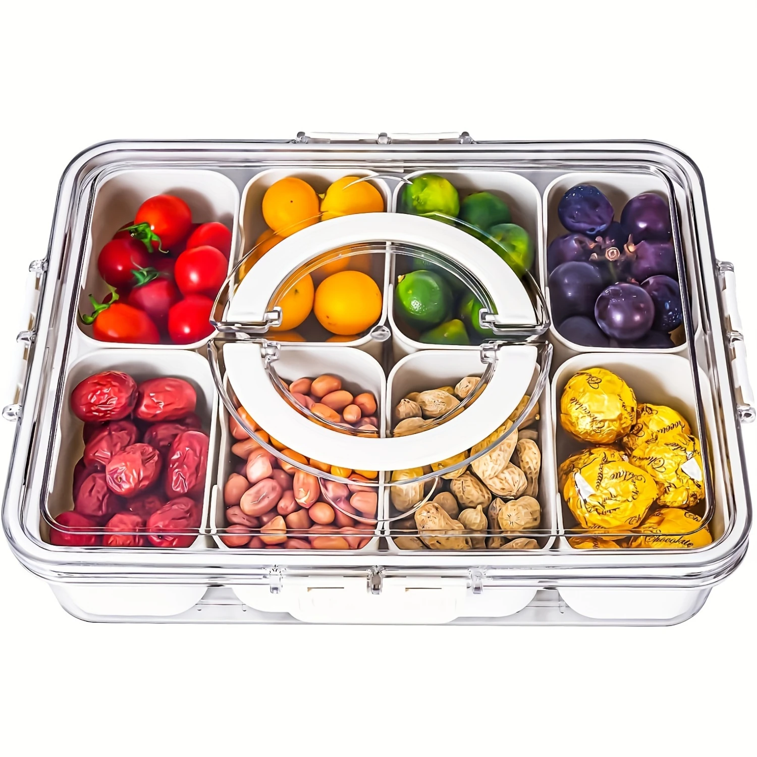 Crystal-Clear Snack Serving Tray With Secure Lid & Handle - Multipurpose Divided Container For Candy, Fruits, Nuts - Perfect For