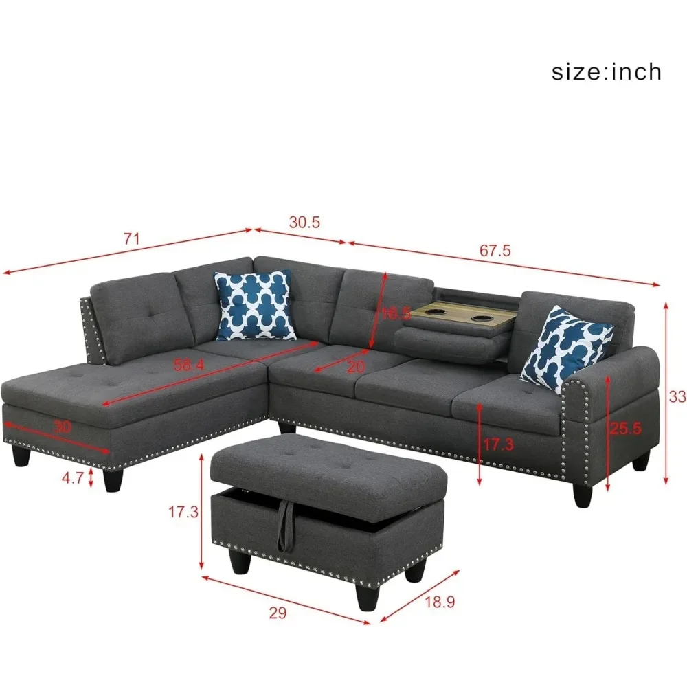 2 Cup Holders Furniture for the Living Room Furniture Sets Dark Gray Reversible Sectional Sofa Left Facing Lounge Chair Set Home