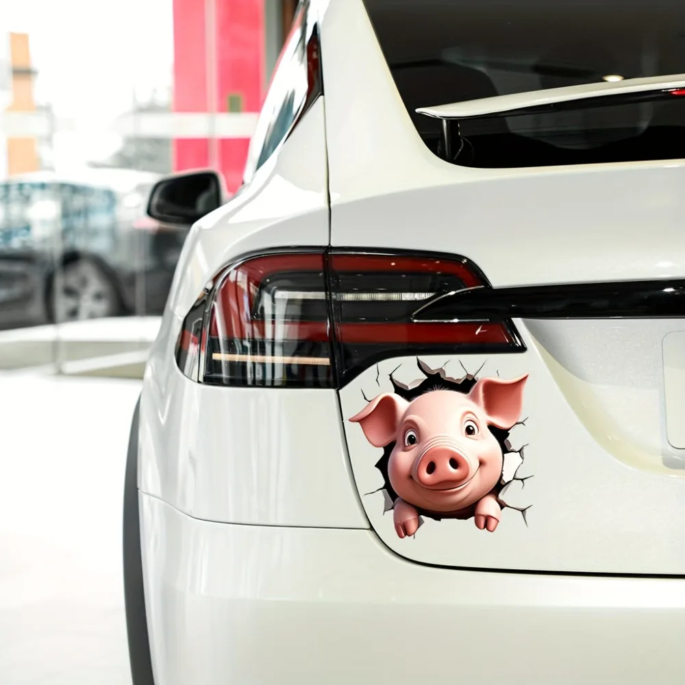 Naughty Pig Breaking Through Wall Cartoon Vinyl Sticker Durable Self Adhesive Decals with Realistic Textures & Dynamic 3D