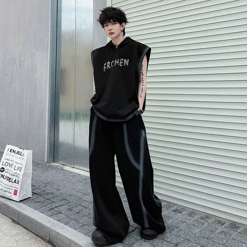 LUZHEN 2026 Sleeveless Summer Hoodies Tie-dyed Sweatshirt Stripe Letter Loose Wide Leg Casual Pants Men's Two-piece Sets JY9046 - view 3