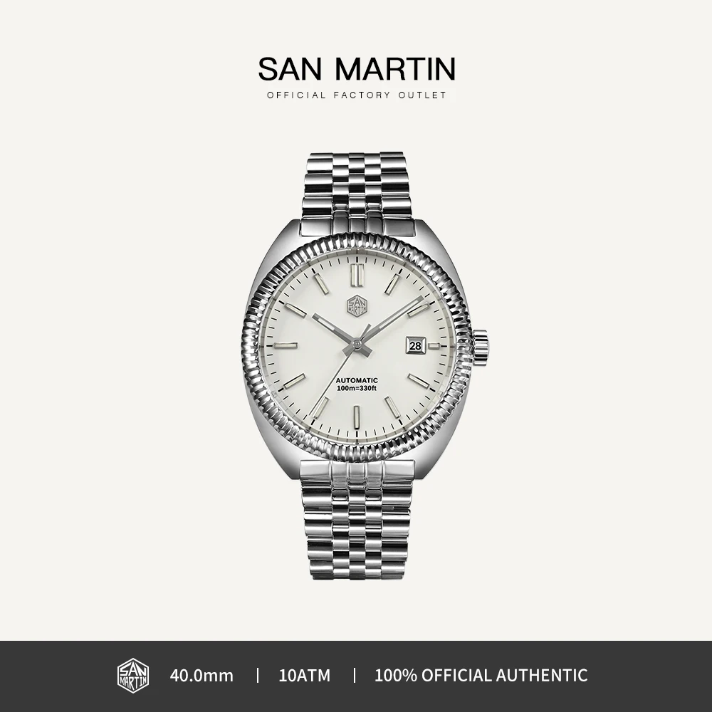 San Martin 40mm YN55 Men Watch Enamel Dial Curved Bezel Stainless Steel Sapphire Automatic Mechanical Luminous Waterproof SN0069