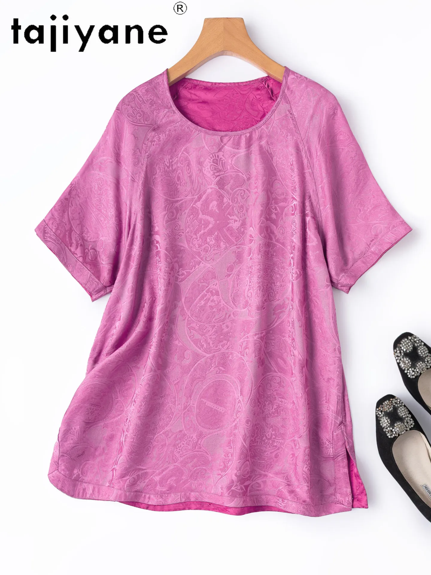TAJIYANE 100% Mulberry Silk Women T Shirts Reversible 20MM Jacquard Satin T-shirt Loose Summer Tops for Woman Clothing 2026 ropa