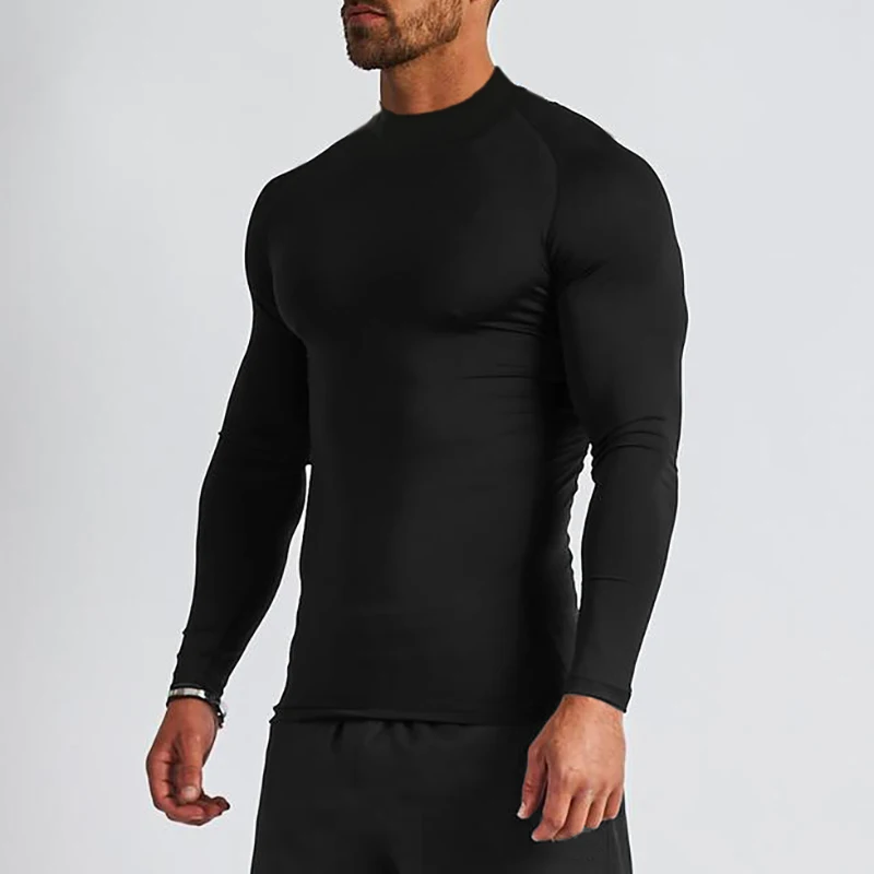 Turtleneck Compression Shirt Men Long Sleeve Gym Clothing Autumn Tight Fitness T Shirt Quick Dry Bodybuilding T-Shirt Muscle Tee