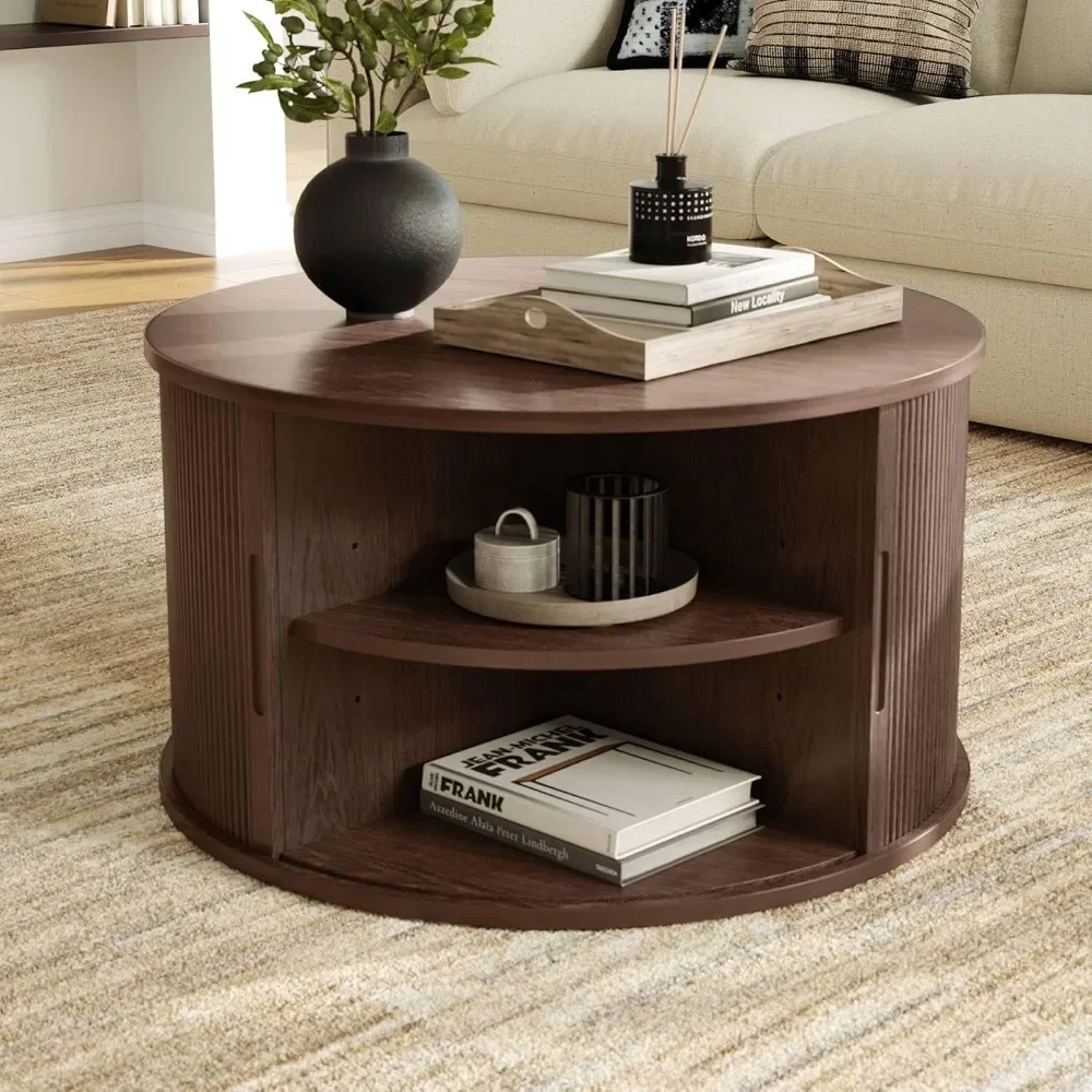 31.5 Drum Coffee Table with Sliding Tambour Door, Fluted Accent Center Table with Storage, Mid Century