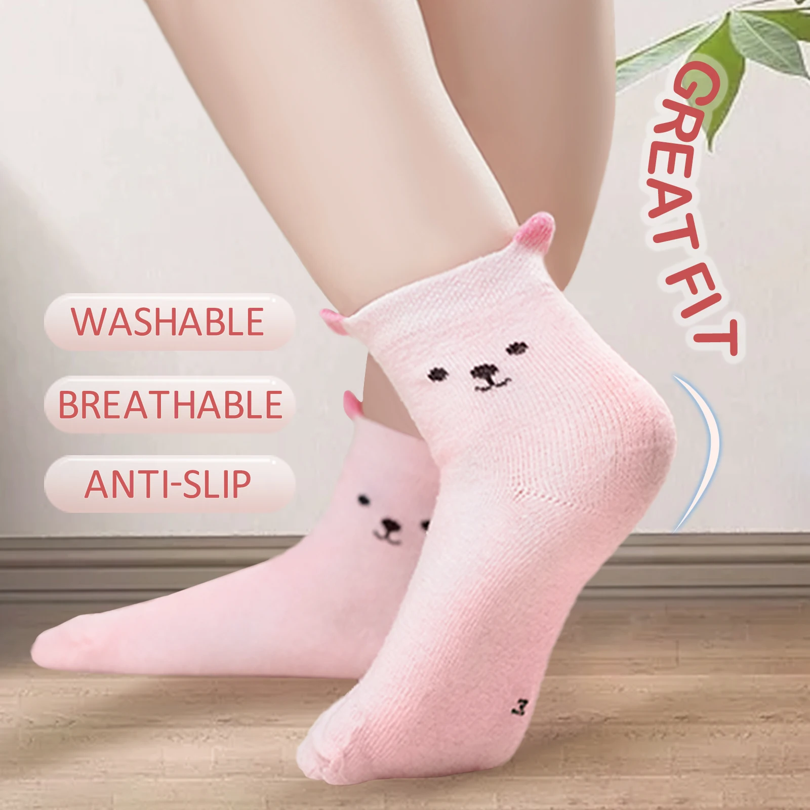 5Pairs Kids Girl Cartoon Socks Cotton Round Neck Mid Tube little Cute Pink Bear Pattern Sock Breathable Baby Socks 0-8Years image 3