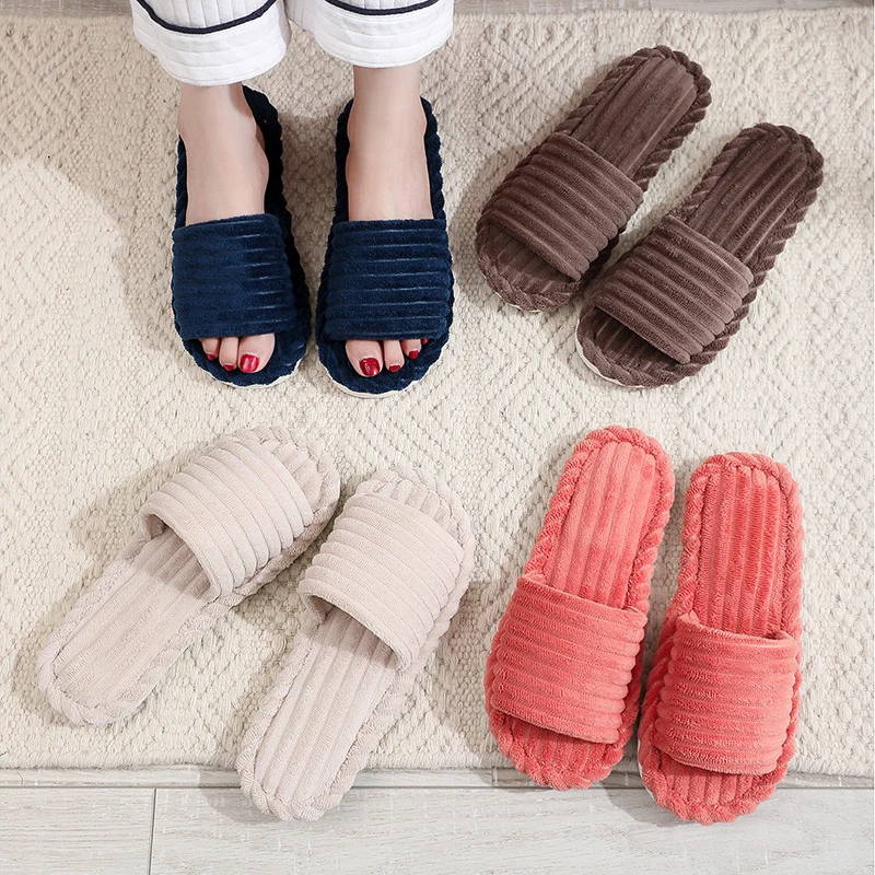 

Autumn Winter Women's Indoor Slippers Corduroy Striped Non Slip House Shoes Woman Comfortable Soft Living Room Bedroom Slippers