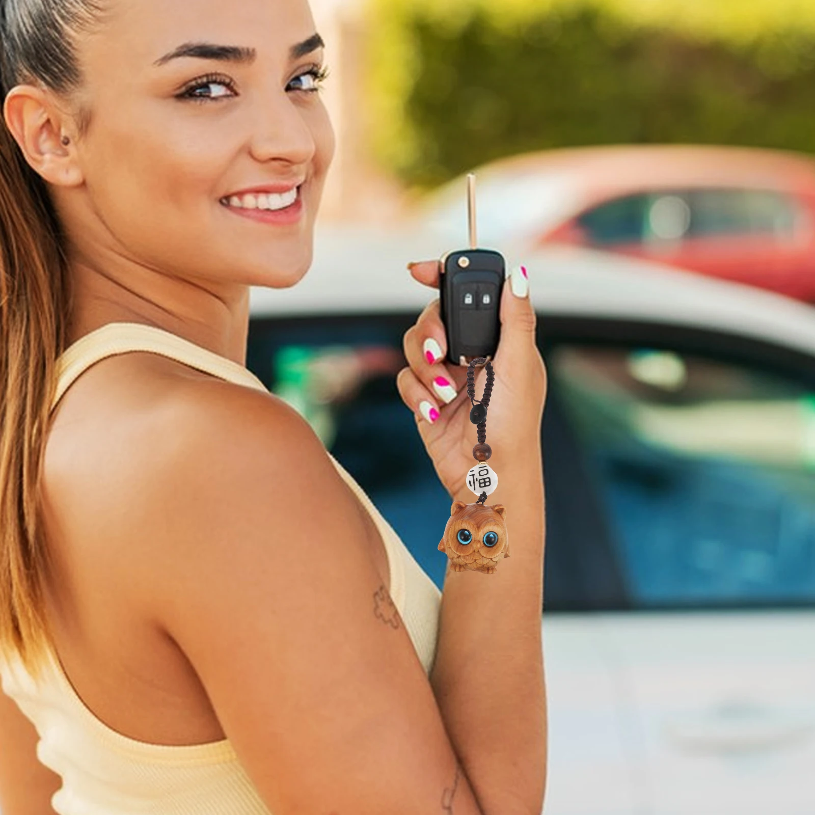 

Hand-Carved Wood Unique Adorable Car Key Ring Hanging Decorative Purse Charm Small Lightweight Portable Wooden For Bag Handbag