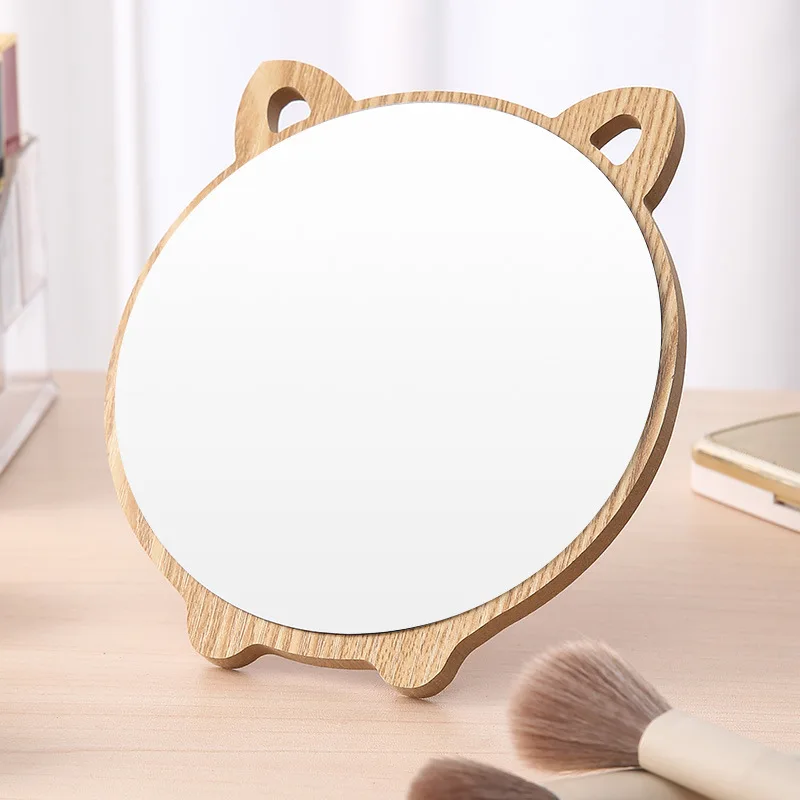 Room Makeup Mirror Handheld Mirror Wooden Frame Cute Cartoon Animal HD Mirror Student Dormitory Mirror