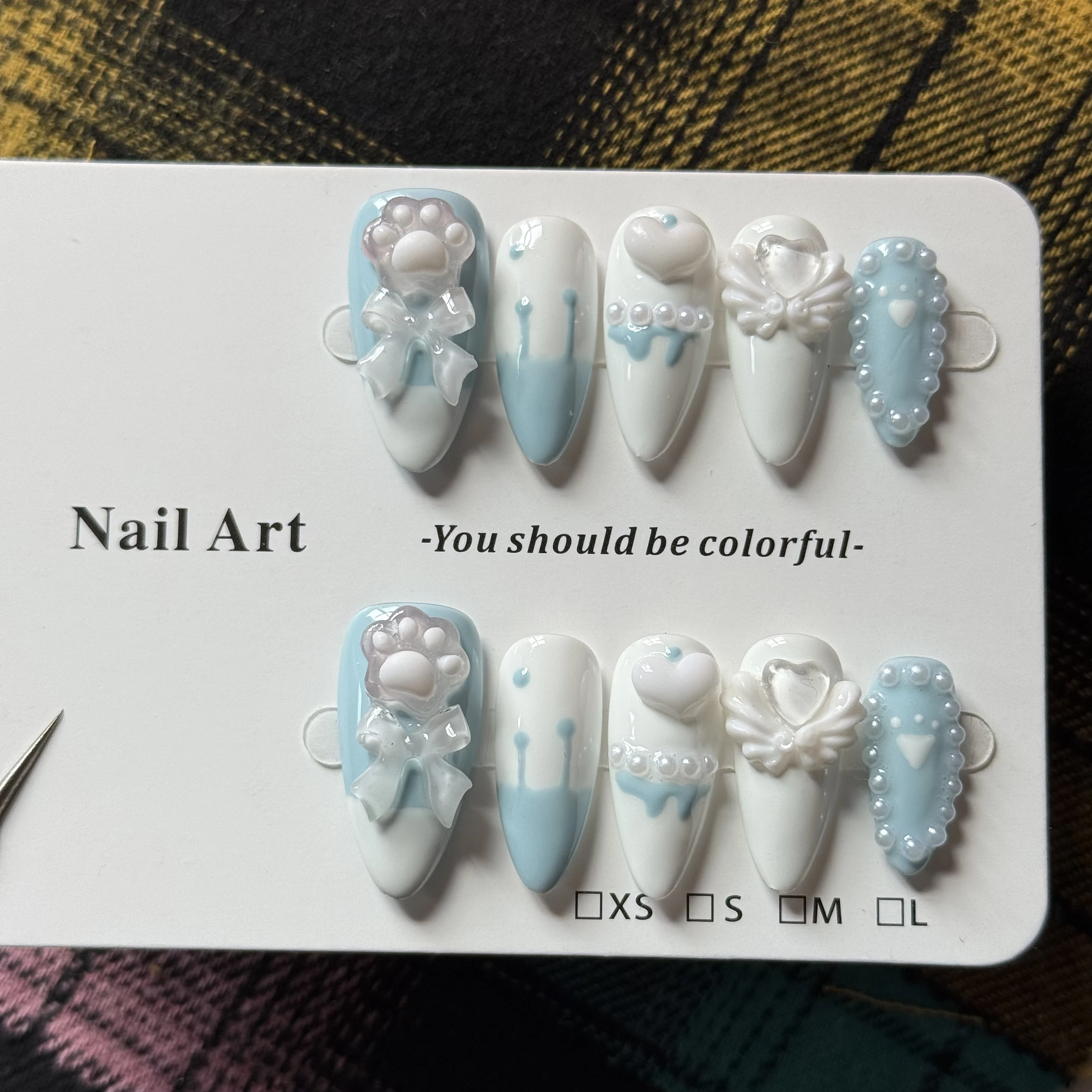 10pcs high-end Cute cartoon style, ice blue and white contrast color, hand-painted three-dimensional bow, hearts, cat paws