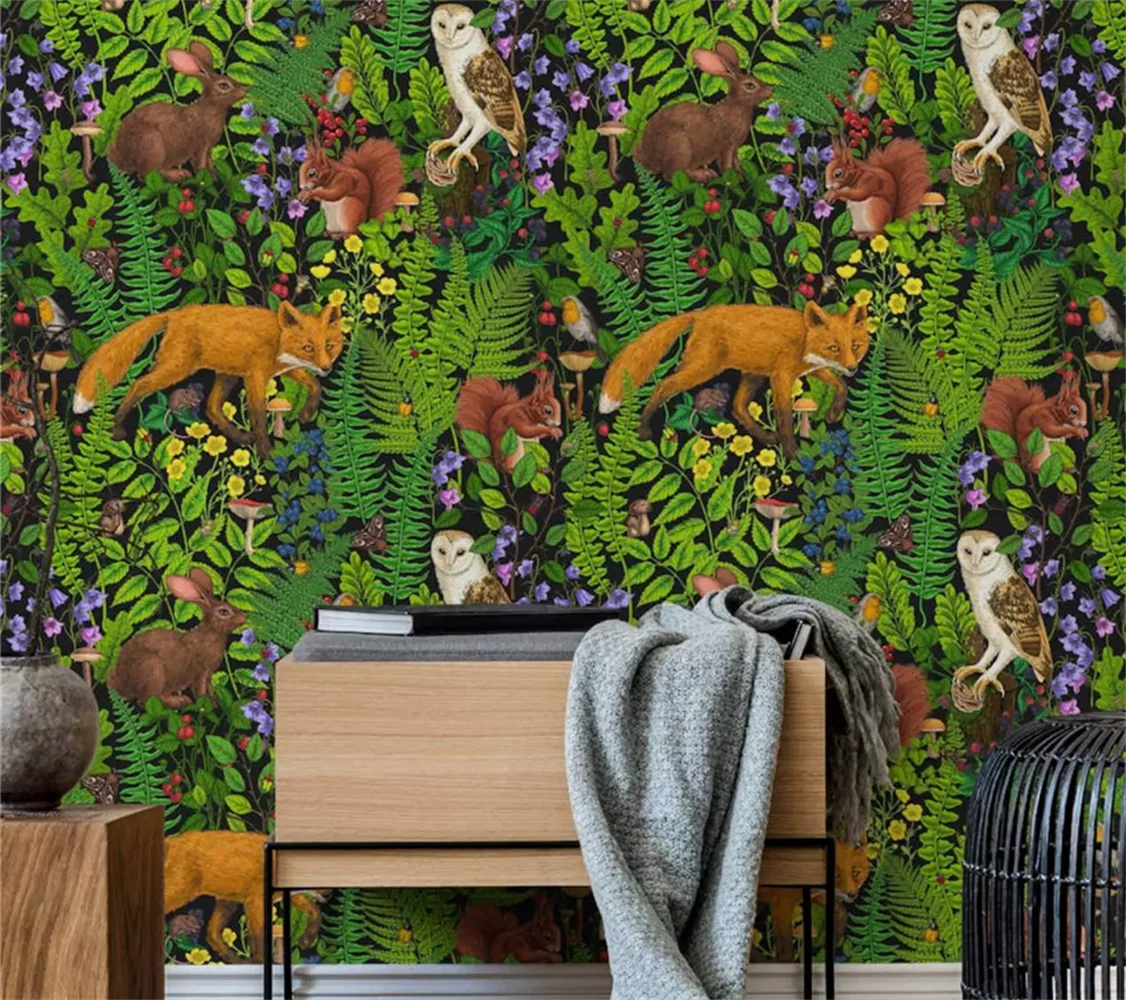 Vintage hand-painted animal background wall black background fox fern berry children's room restaurant wallpaper mural