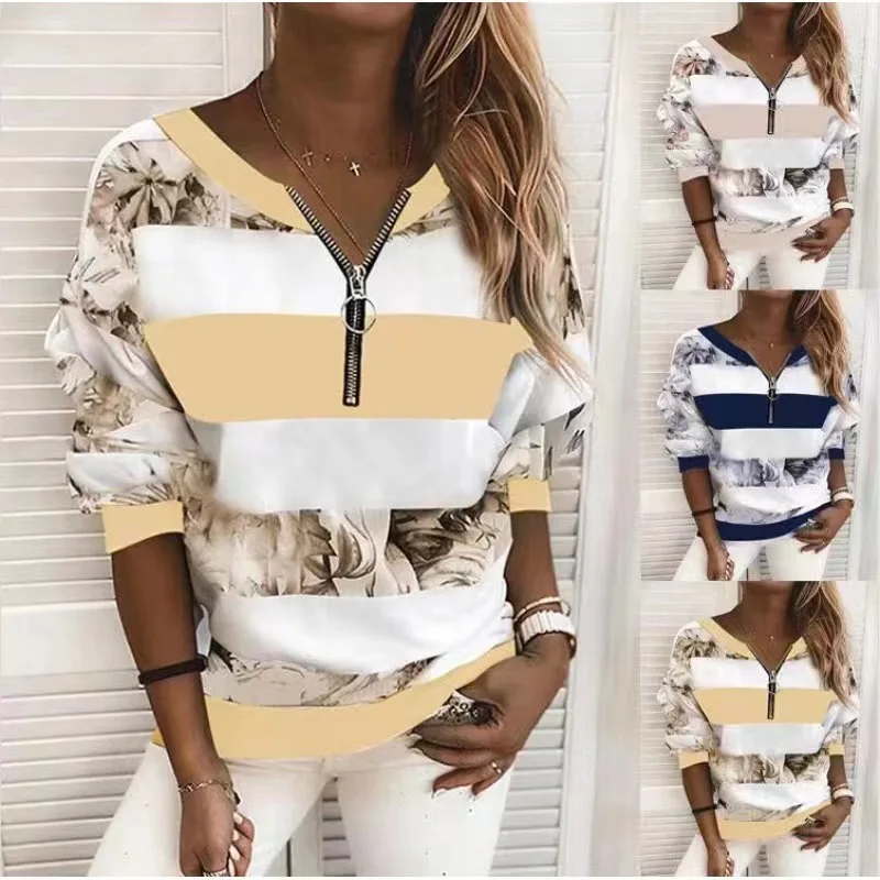 V-Neck Long Sleeve Pullover Women\'s Printed Striped Spring Autumn T-Shirt Daily Casual Loose Top Clothes