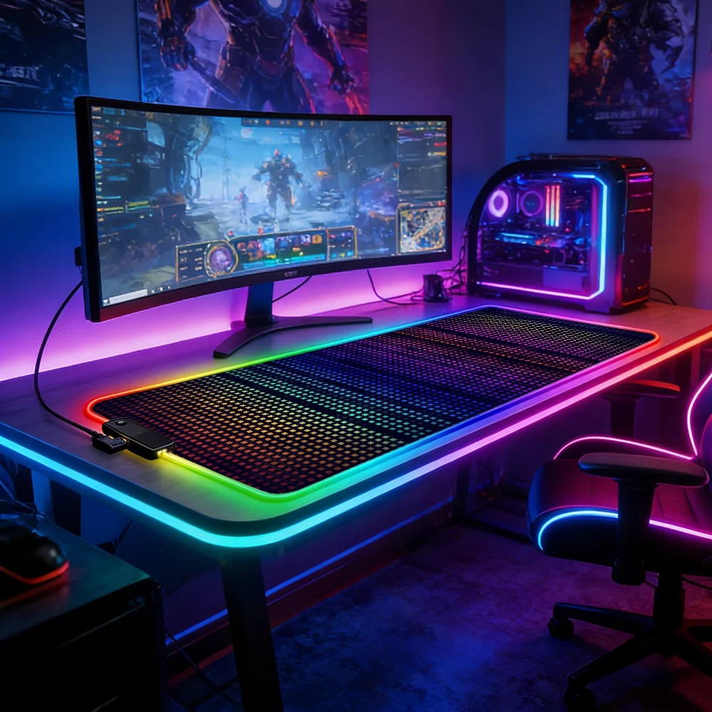 LED Lighting RGB Mouse Pad E-sports Game Keyboard Pad Rainbow Frequency Diagram Deskmat Pc Accessories Mousepad Gamer Mats Anime
