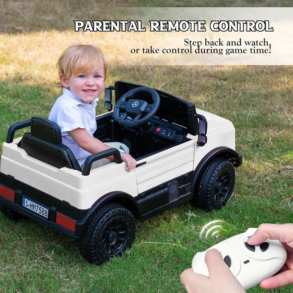 부모용 리모컨이 있는 12V 전동차, 어린이용 라이선스 메르세데스-벤츠 유니목 자동차, LED 조명, 음악 및 경적, 소프트 스타트, 로