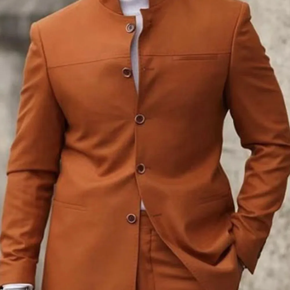 2023 New Fashion Wedding Orange Stand Collar Suits For Men Business Casual Formal Costume Homme Slim Fit 2 Pcs Set Jacket Pants