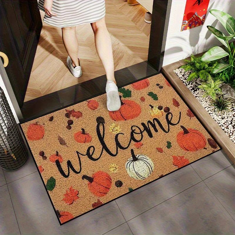 1pc Red And White Pumpkin Pattern Welcome Mat - Autumn Decor, Fiber Soft Material - Machine Washable - Suitable for Indoor Out
