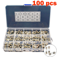 100Pcs  Fast-blow Glass Tube Fuses 5*20 Household Fuses Car Glass Tube Fuses Assorted Kit 5X20 with Box Fusiveis 0.1A-30A