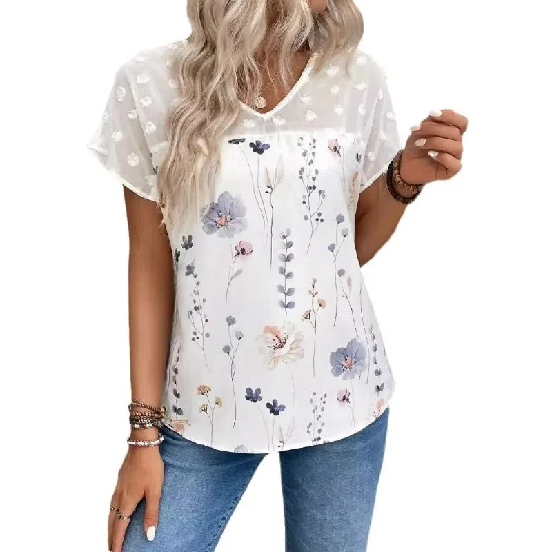 

Women's Fashion V-neck Printed Lace Spliced short-sleeved Blouse Top 2025 Summer Trendy Streetwear Ladies Blouses T-shirt Tops