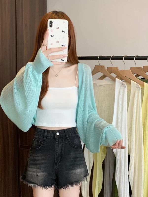 

Summer Hollow out Long Sve Knitwear Women's Thin Loose Air Conditioning ort Cardigan Trendy V-ne Batwing Sve Top
