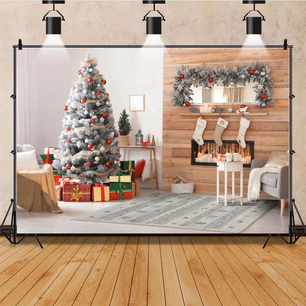 Winter Interior Christmas Background Photography Xmas Tree Wreath Fireplace Decor Backdrop Children Portrait Studio Photo Props