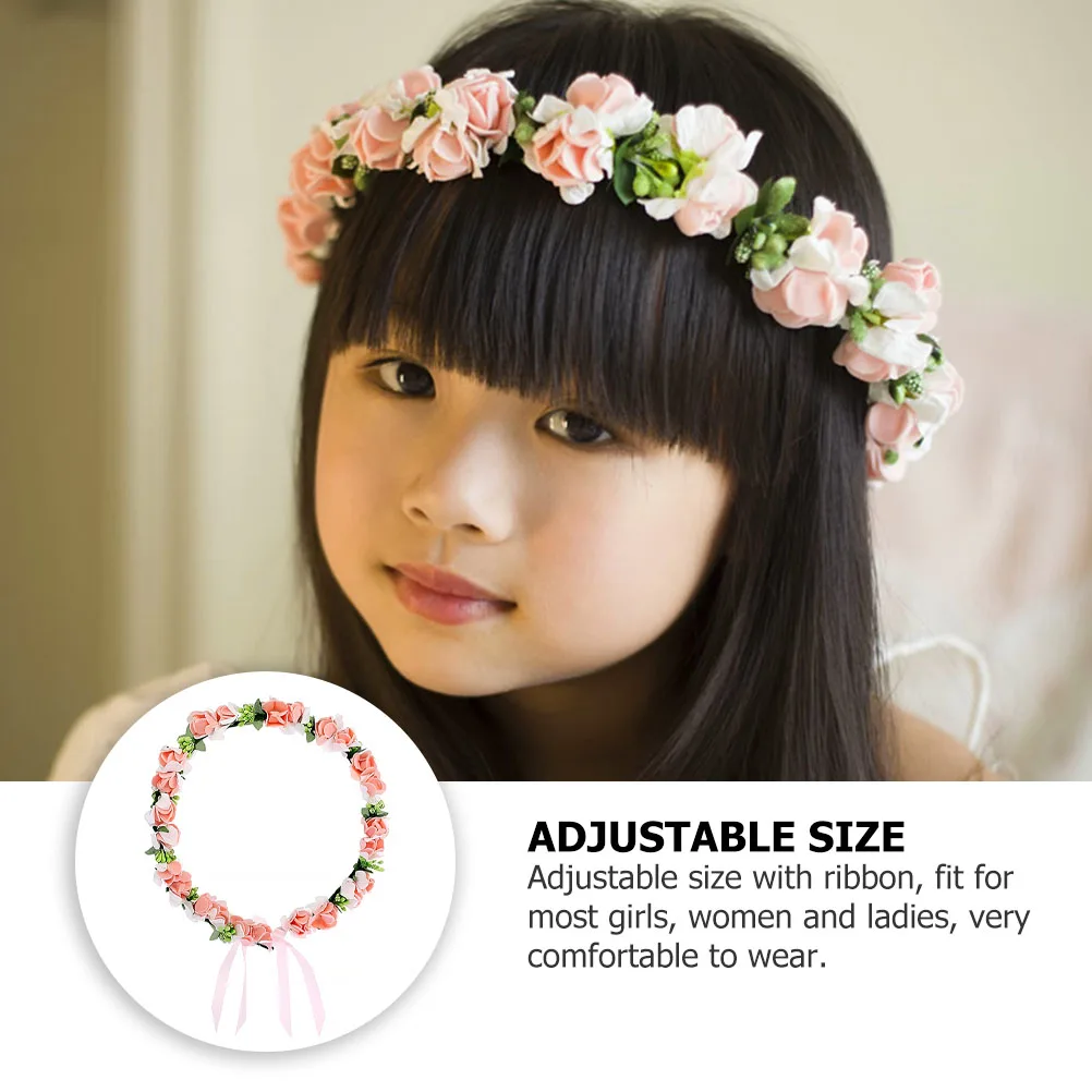 

1pc Flower Garland Headband Headdress Wreath Wedding Headpiece Tiara Adjustable Size Ribbon Realistic Colors Simulation Flowers