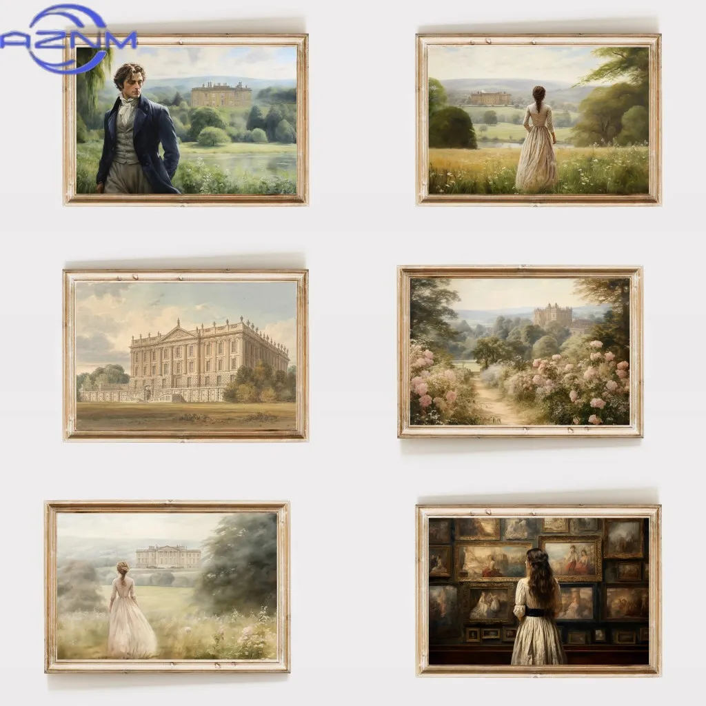AZNM Pride and Prejudice Wall Art Print Canvas Oil Painting Elizabeth Bennet and Mr Darcy Cottagecore Posters Home Decor